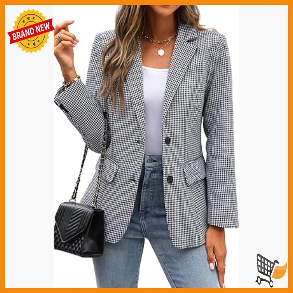 Women's Lapel Collar Plaid Boyfriend Blazer Suit Houndstooth Work Office Jacket